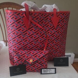 Versace Geometric Red and Blue Tote Bag